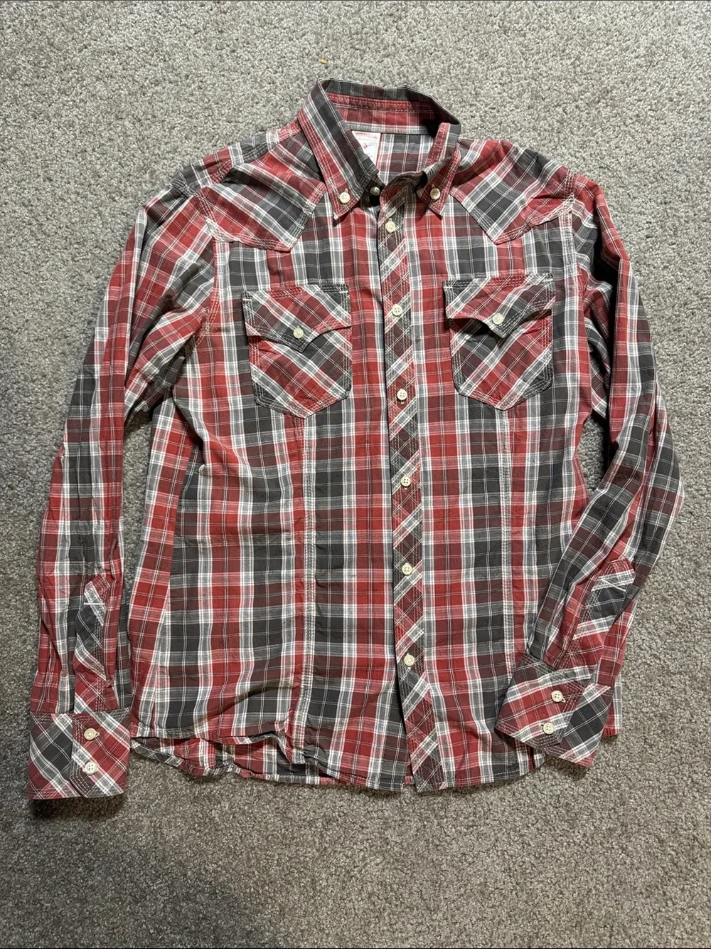True Religion Men's Red Plaid Button-Up Shirt
